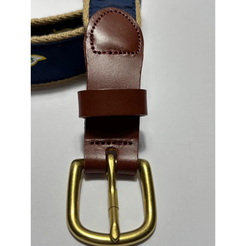 Leather Man Limited Belt 44 Navy Blue Palm Tree Pennant Ribbon Solid Brass